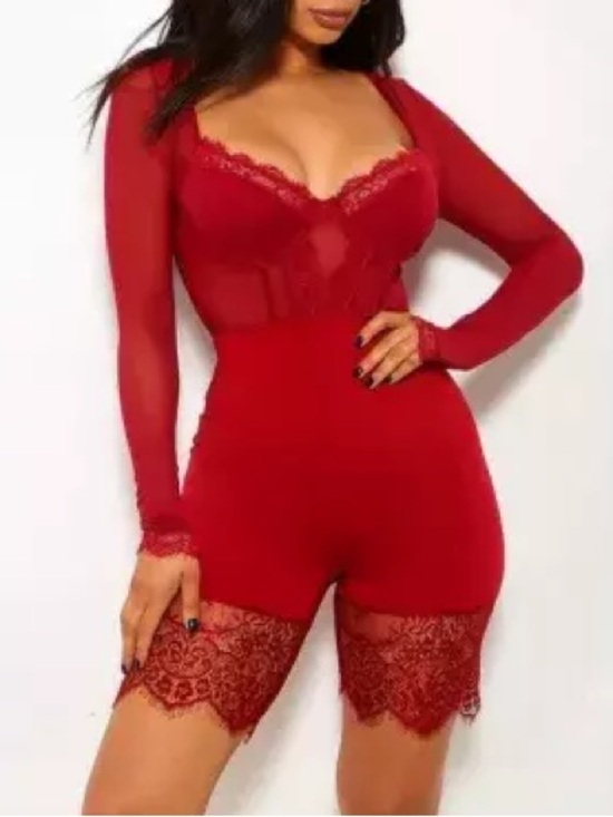 Other - Red Long Sleeve Mesh Corset Bodice Romper Lingerie Lace size: Medium